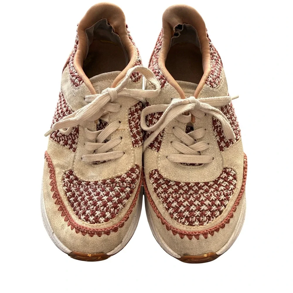 FitFlop Woven Knit Suede Platform Sneakers Burgundy Cream Tan Womens 7